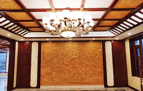 咸阳中式别墅客厅中式木作横梁吊顶装饰展示